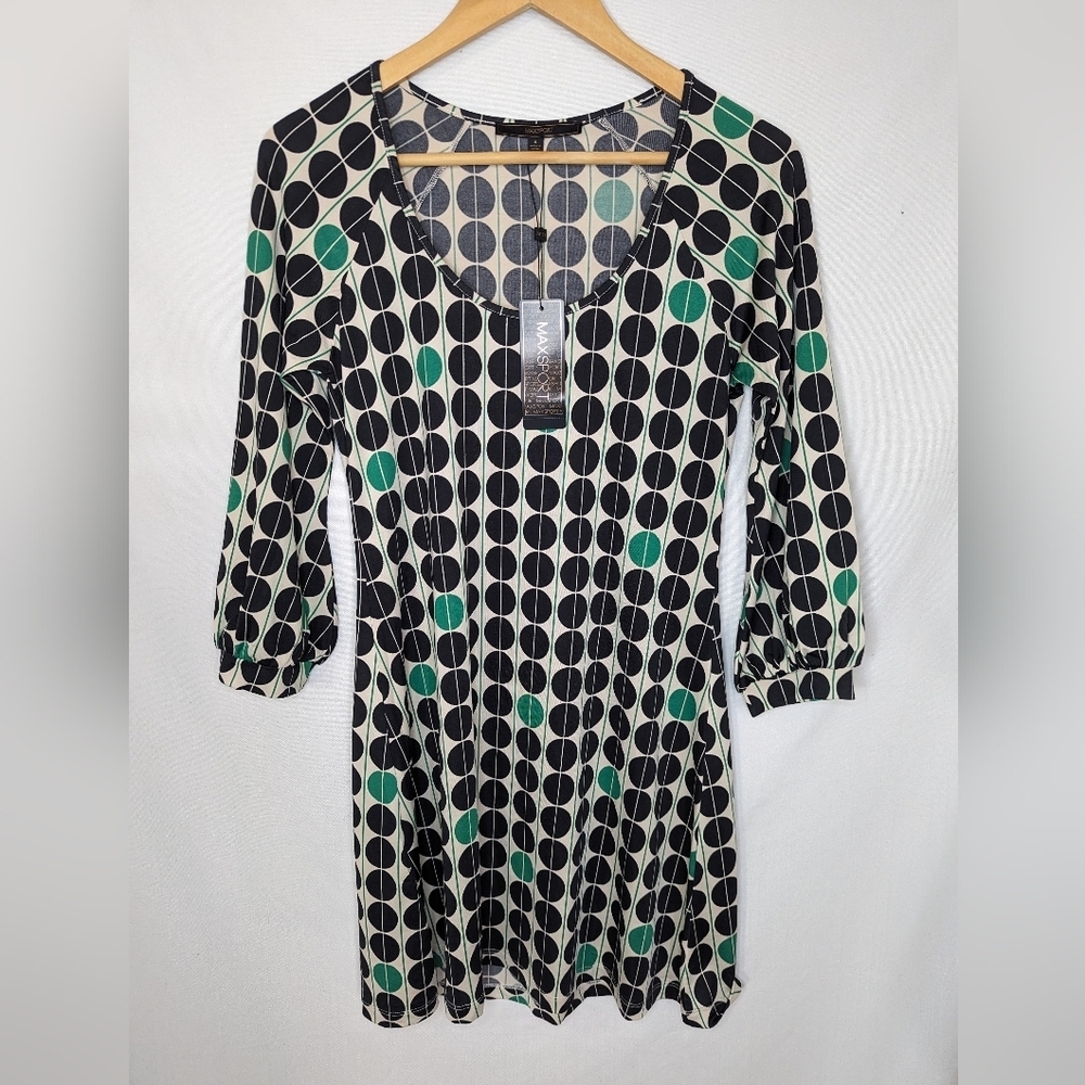 Max Sport‎ NEW Retro 60s Black Green Circles Wallpaper Dot Dress Size Small